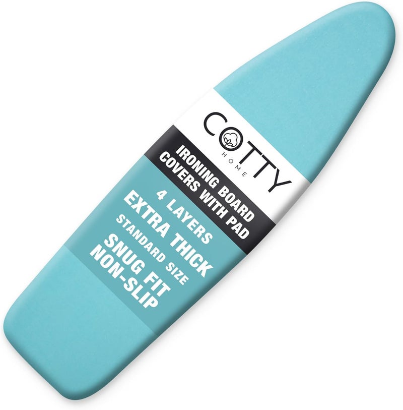 COTTY HOME Store أغطية طاولة الكي السميكة مع وسادة بحجم قياسي 15x54، عاكسة للحرارة ومقاومة للاحتراق، حزام تثبيت غير قابل للانزلاق، حواف مرنة، تركواز - Image 1
